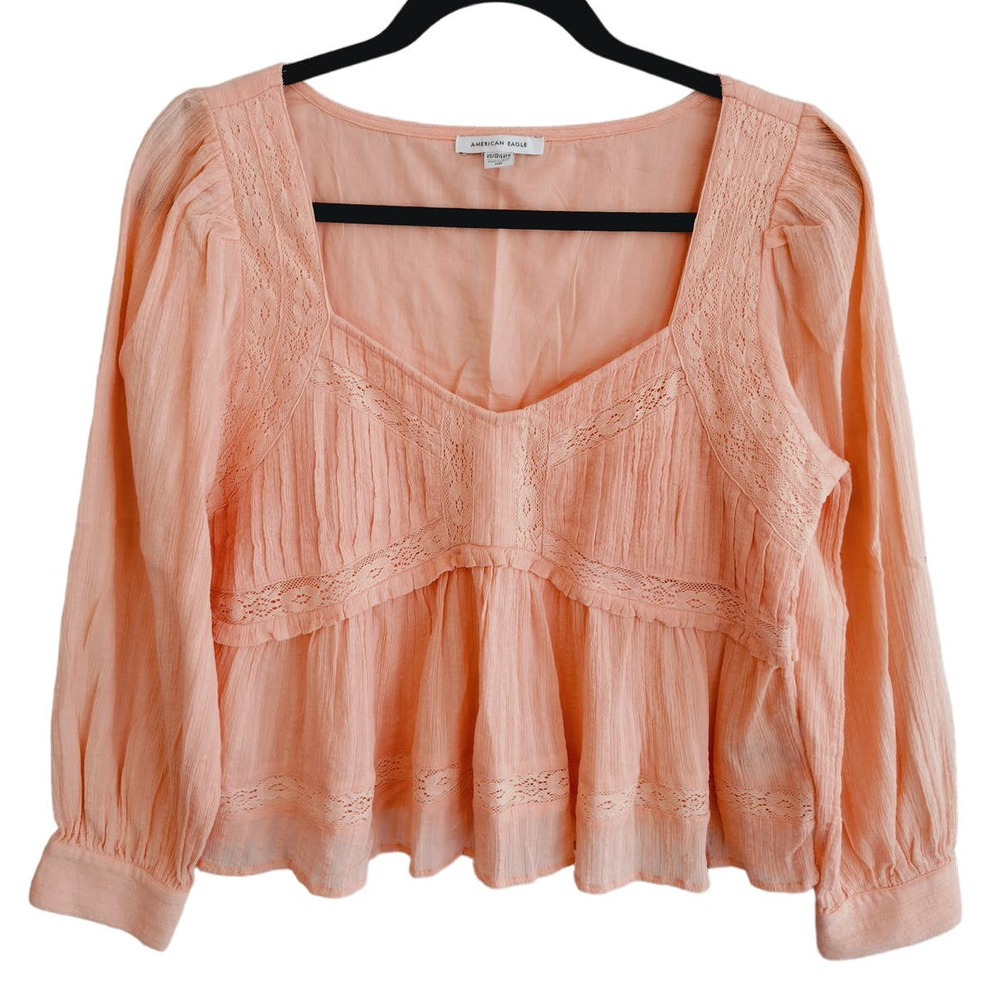 American Eagle | Peachy-Pink Lace-Accented Sweetheart Neckline Babydoll Top